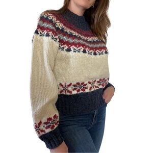 Vintage Fair Isle Wool Blend Sweater Cream Navy Ski Nordic Knit 80s Mock Neck